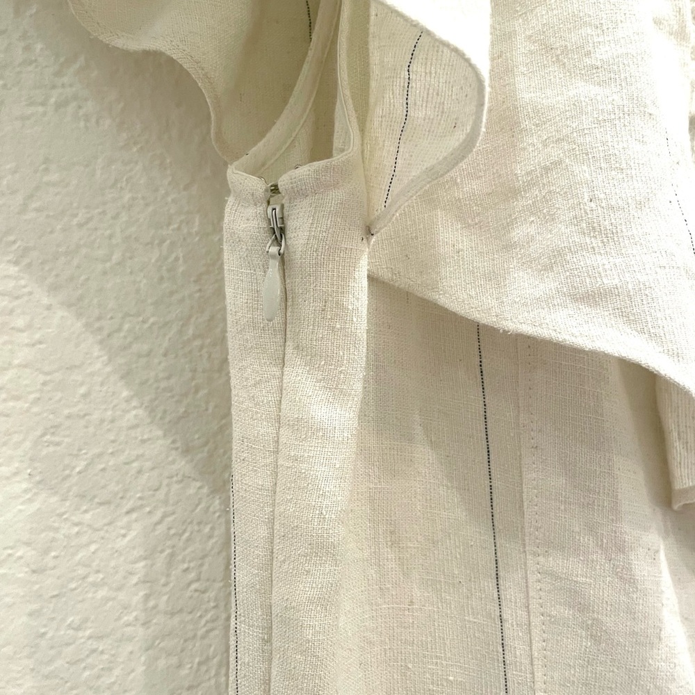 NWT A.L.C. One Shoulder Linen Silk Ruffle Overlay Midi Dress Ecru Navy Stripe - Picture 9 of 11